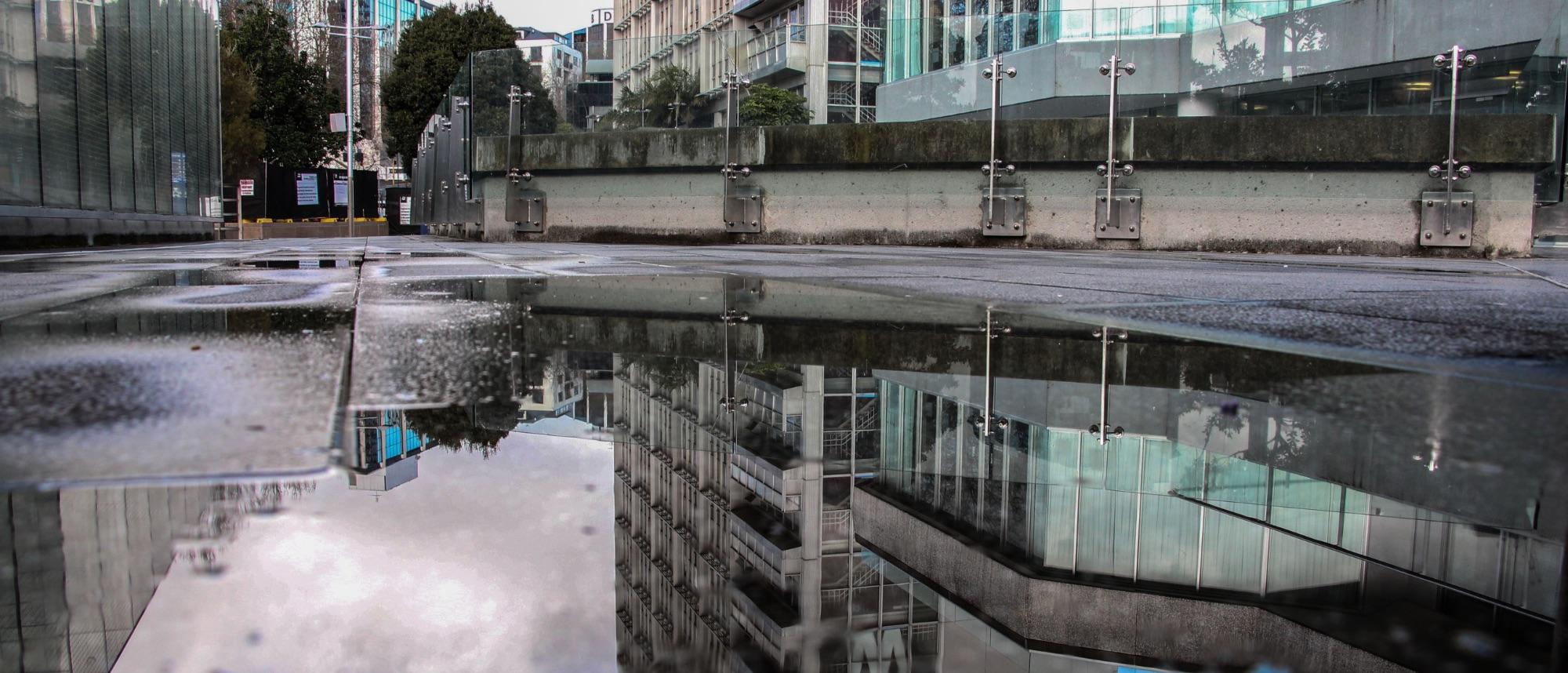 Commercial Building with Rainwater Puddle